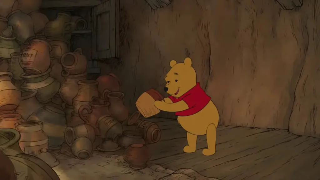 Illustration of Winnie the Pooh holding a small honey pot in a room filled with large piles of honey pots.