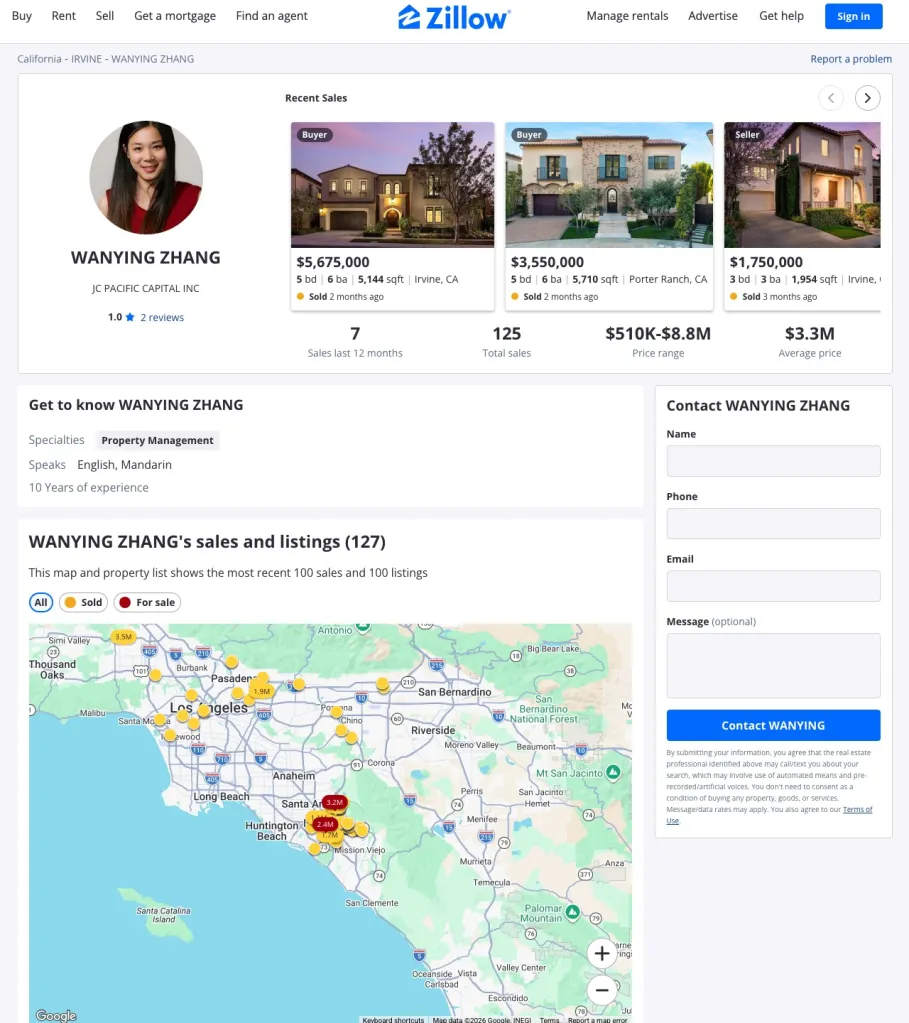 Zillow profile page for real estate agent Wanying Zhang from JC Pacific Capital Inc, showing recent sales, contact information, and an interactive map of listings in Southern California.