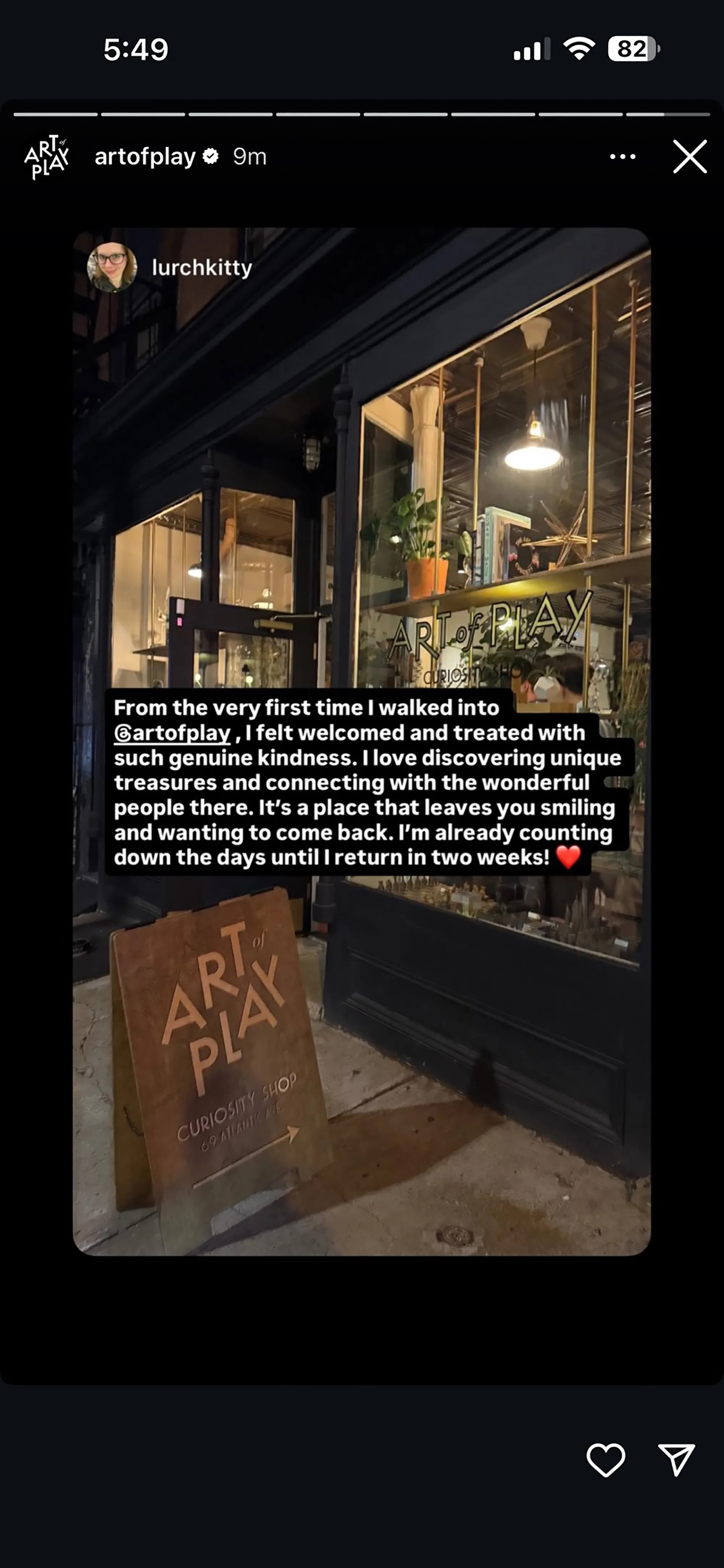 Screenshot of an Instagram Story by @artofplay sharing a positive customer review about the Art of Play Curiosity Shop.