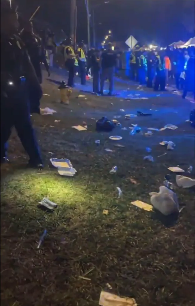 At night, a street and grassy area are littered with debris and trash after an event, with several police officers standing in the background illuminated by blue flashing lights.
