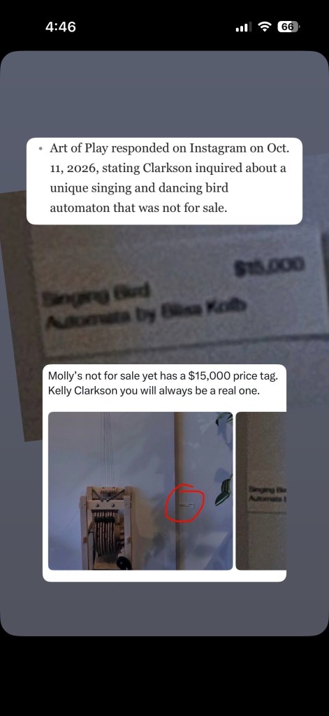 Screenshot of a social media post showing a $15,000 price tag next to a bird automaton, with accompanying text about Kelly Clarkson inquiring about the item.