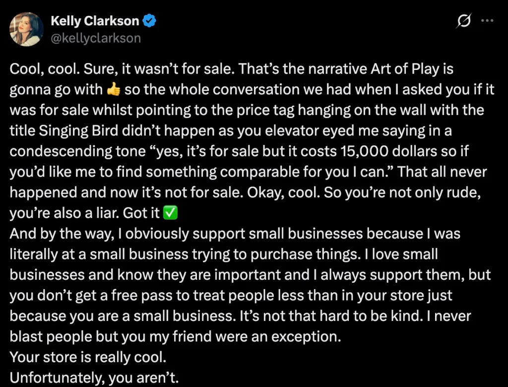 A screenshot of a social media post by Kelly Clarkson calling out a store for mistreating her and lying about an item not being for sale.