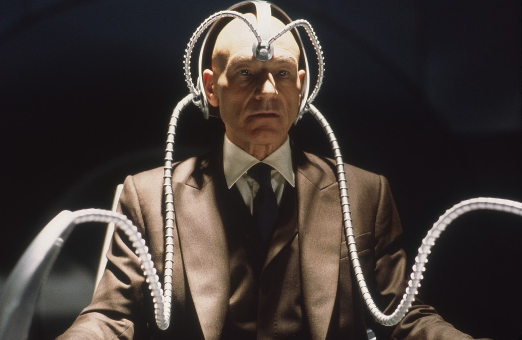 Patrick Stewart as Professor X wearing the Cerebro helmet in X-Men.