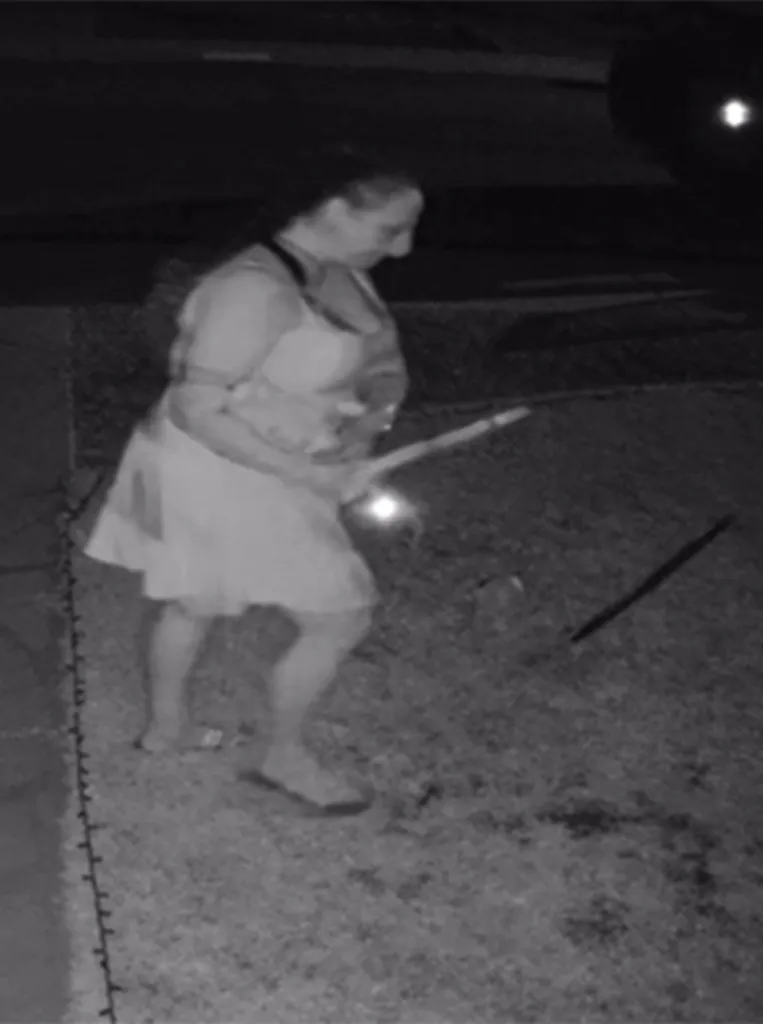 A black and white security camera image shows a woman holding yard decorations in a front yard.