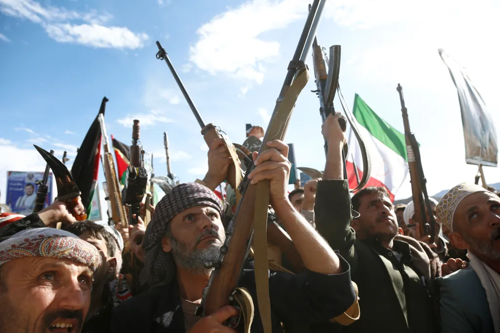 Houthi loyalists chant slogans during a protest supporting Iran in Sana'a, Yemen.