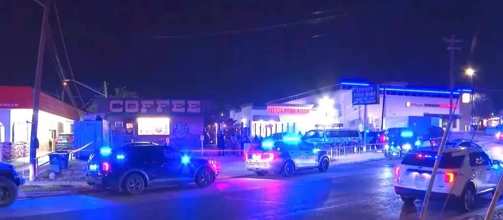 Police vehicles with flashing lights parked outside a commercial area at night.